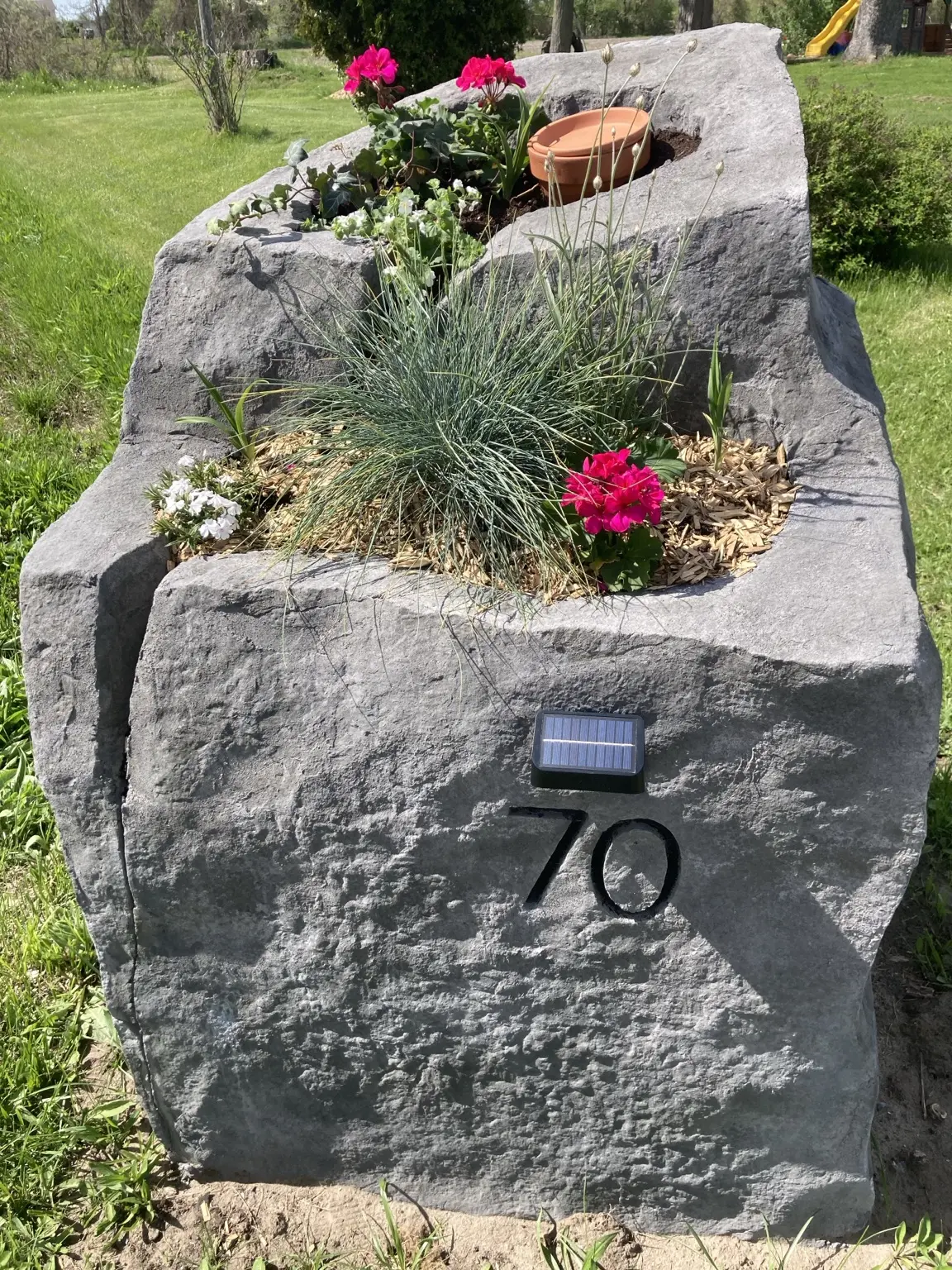 Address rock with planted pockets and lighting